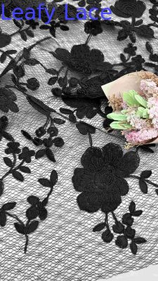 Black Corded Floral Pattern Embroidered Mesh Lace Fabric 129cm Width For Wedding Dresses