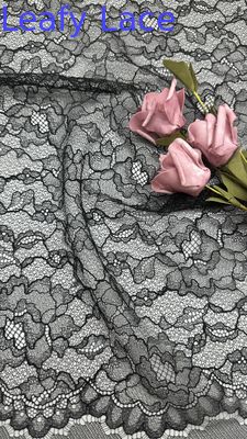 Corded Mesh Lace Fabric Black Embroidered Lace Fabric Leafy Lace Embroidery Fabric