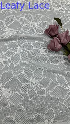 Leafy White Lace Embroidered Fabric Floral Patterns Mesh Ground For Wedding Dresses