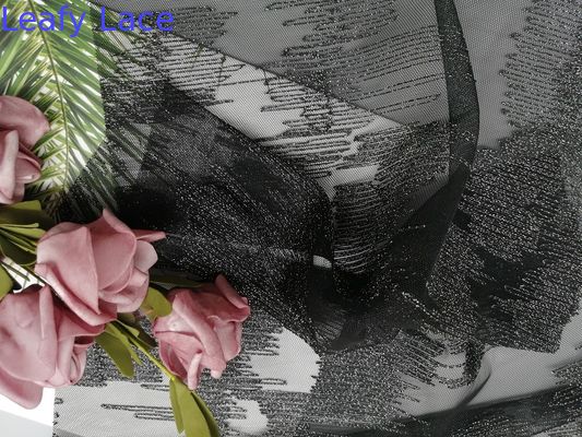 Black Metallic Lurex Geometric Line Silver Embroidered Lace Fabric