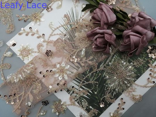 Pink Floral Sequin Party Beaded Embroidery Fabric For Wedding Dress