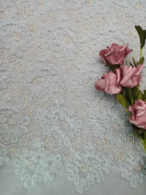 Blue Crochet Lace Fabric Metallic Cording Tulle Embroidery Women Dress Fabric