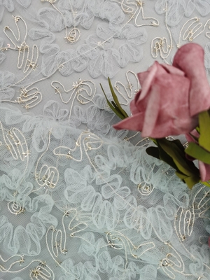 Blue Crochet Lace Fabric Metallic Cording Tulle Embroidery Women Dress Fabric