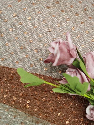 Brown Color Embroidered Lace Fabric Metallic Tulle Lace Light Weight Dot Lace