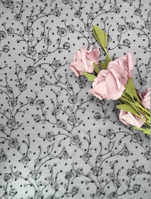 Fancy Tulle Flocked Lace Fabric Black Flower Embroidered Fabric