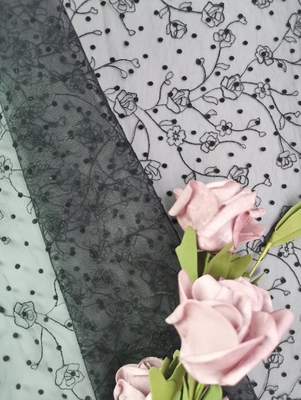 Fancy Tulle Flocked Lace Fabric Black Flower Embroidered Fabric