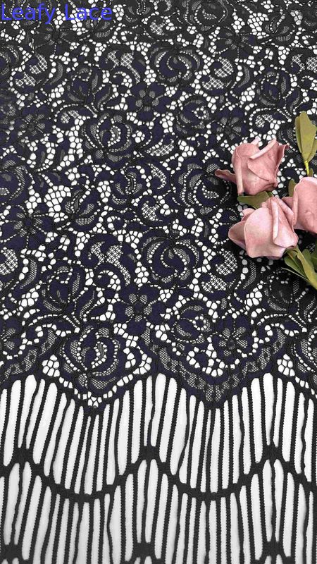Long Fringes Flowers Pattern  Black Color High Quality Full Width Corded Lace Fabric For Fashin Women Cloth 140cm Width