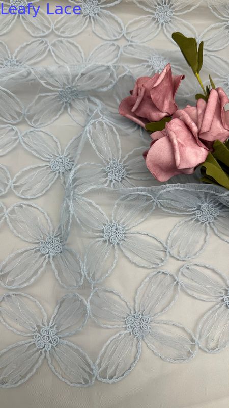 100% Nylon Full Width Light Blue Color Tulle Mesh Embroidery Fabric Sustainable