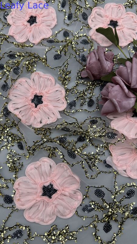 Leafy Corded Lace Fabric Sequin Embroidered High Quality Lace Elegent Embroidery Fabric