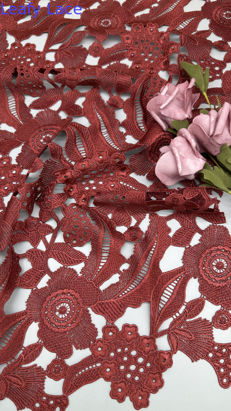 Leafy Embroidery Lace Fabric Hollow up Breathe Elegant Red Color Lace Fabric