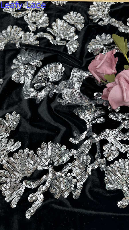 Leafy Black Flocked Tulle Lace Sequins  Sliver Detailed Fabric For Statement Formal Dresses