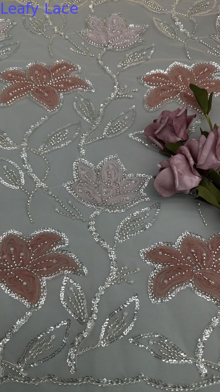 Beaded Floral Embroidered Lace Fabric Hollow-up Mesh Polyester for Evening Dresses