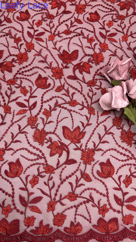 Red Mesh Embroidered Lace Fabric Luxary Embroiedered Floral Customized Factory for Gowns