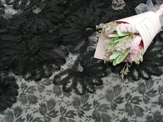 Koronka z haftem rdzeniowym, czarna, cekinowa tkanina 3D