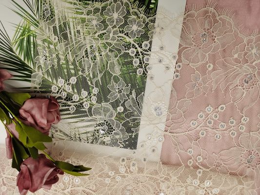 Francuski Chantilly Pomarańczowy Tiul Lurex Metaliczny Srebrny Koronkowy Tkanina
