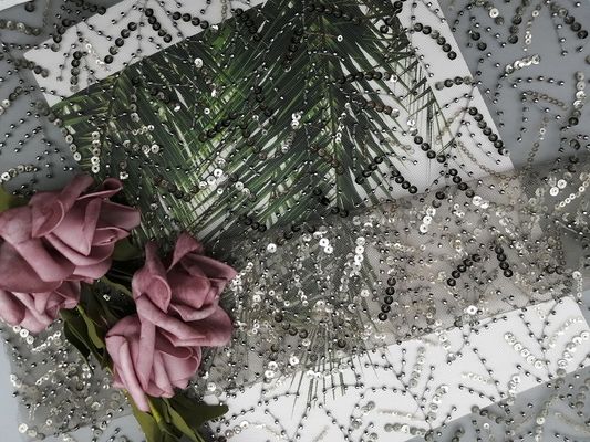 Partyjna szara haftowana cekinowa koronka na suknię ślubną
