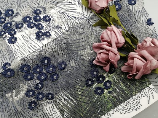 60 jardów granatowy 3D kwiatowy haft szydełkowy materiał koronkowy