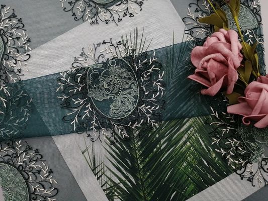 60 jardów Tulle Mesh Party Zielona haftowana tkanina koronkowa