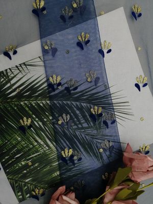 Royal Blue Metallic Floked Lace Glitter Tiul Mesh Folia drukowana